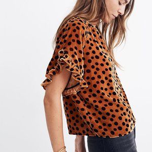 Madewell Velvet Memento Ruffle-Sleeve Top in Leopard Dot Size Small